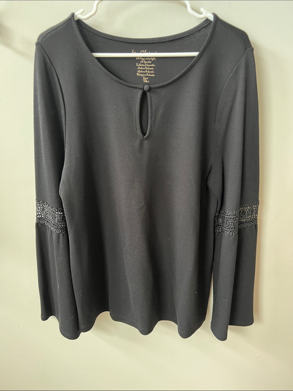 Chicos Black Women's Long Sleeve Lace-Trim Top
